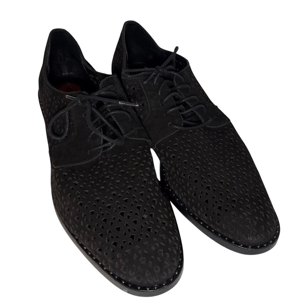 Vince Camuto Lesta Geo Black Oxford Women 9M Laser Cut Suede Flat Studs Academia - Picture 3 of 14